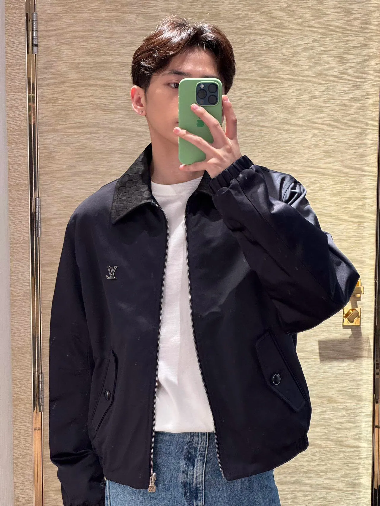 Louis Vuitton/Louis Vuitton checkerboard leather collar double-sided belted jacket